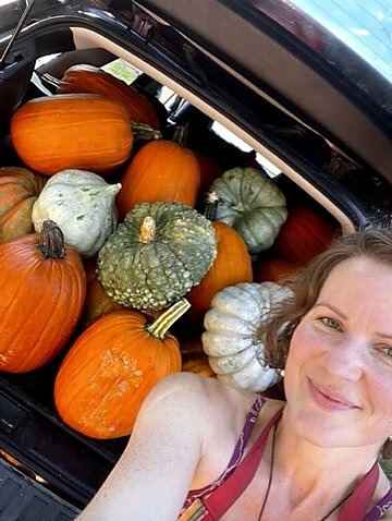 A car trunk packed with heirloom pumpkins on delivery day